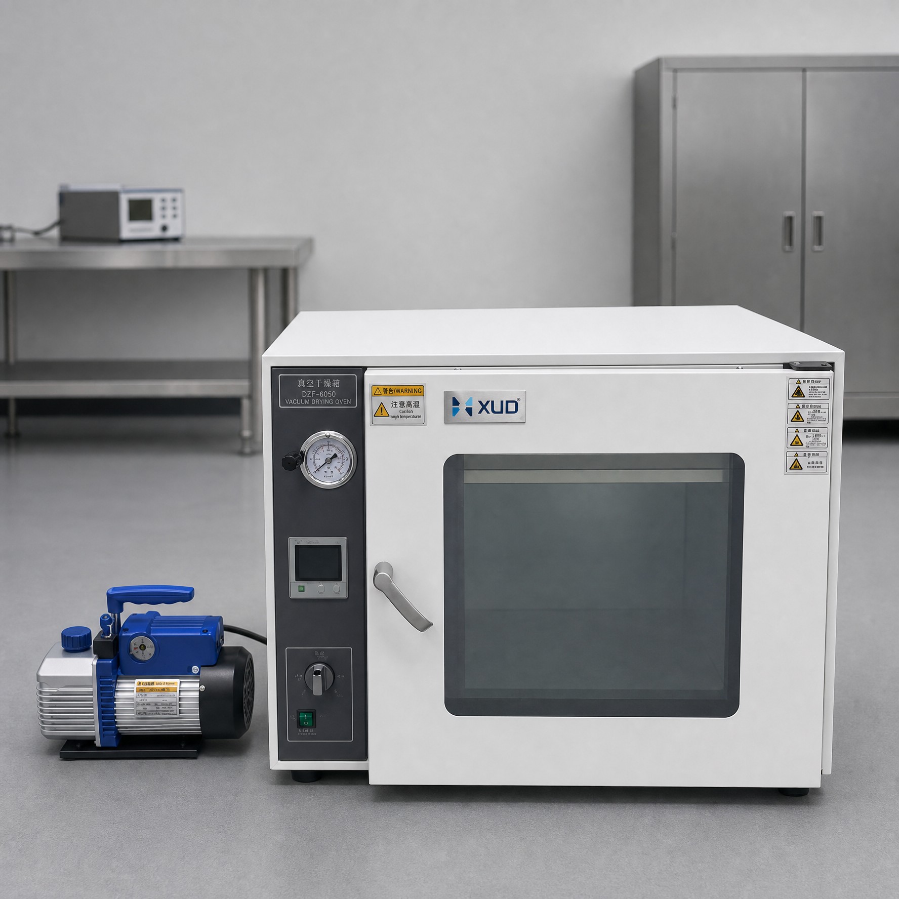 Vacuum oven with pump for controlled industrial heating and drying. Customized chamber size, temperature range, vacuum level and pump configuration for different applications.